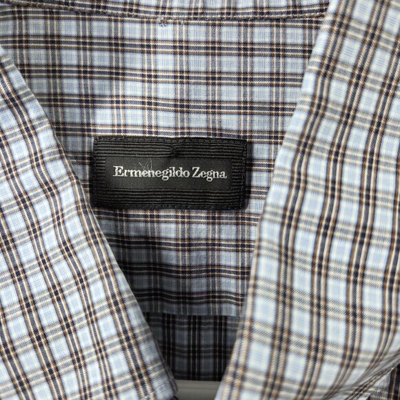 Ermenegildo Zegna Shirt Mens Medium Blue Brown Check Plaid Button Down Casual - Picture 2 of 10